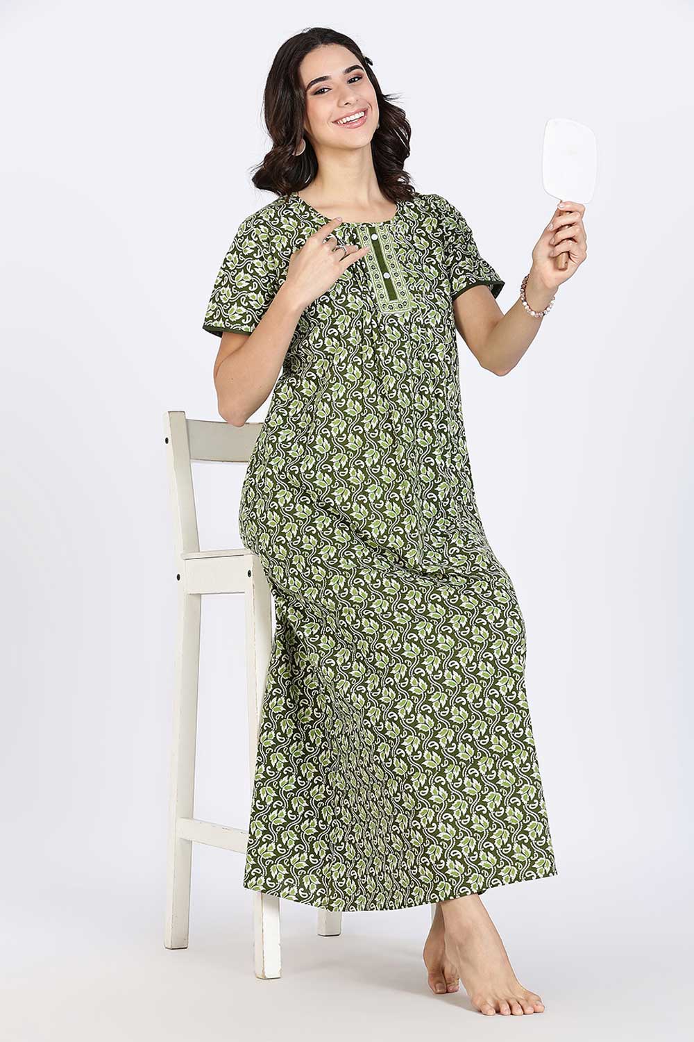 Naidu Hall Women’s Nighty Cotton Printed Full Length Night Dress with Round Neck Button Placket and Pintuck Detailing
 - Green - NA66