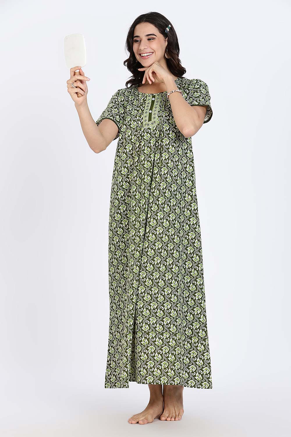 Naidu Hall Women’s Nighty Cotton Printed Full Length Night Dress with Round Neck Button Placket and Pintuck Detailing
 - Green - NA66