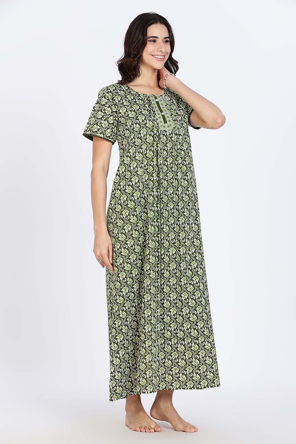 Naidu Hall Women’s Nighty Cotton Printed Full Length Night Dress with Round Neck Button Placket and Pintuck Detailing
 - Green - NA66