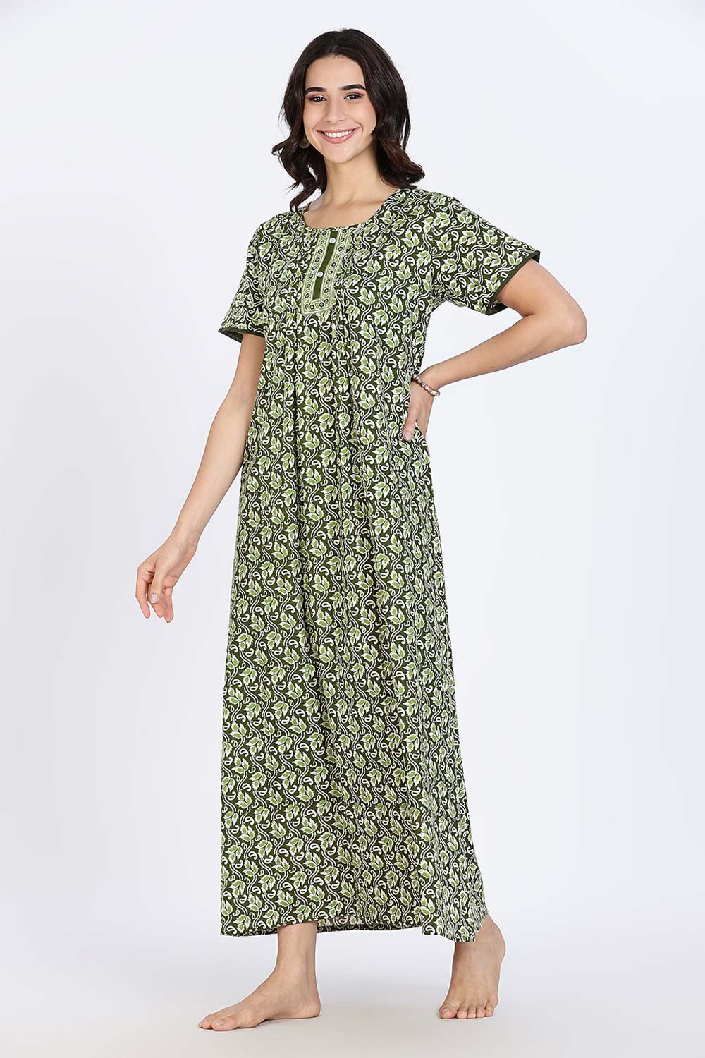 Naidu Hall Women’s Nighty Cotton Printed Full Length Night Dress with Round Neck Button Placket and Pintuck Detailing
 - Green - NA66