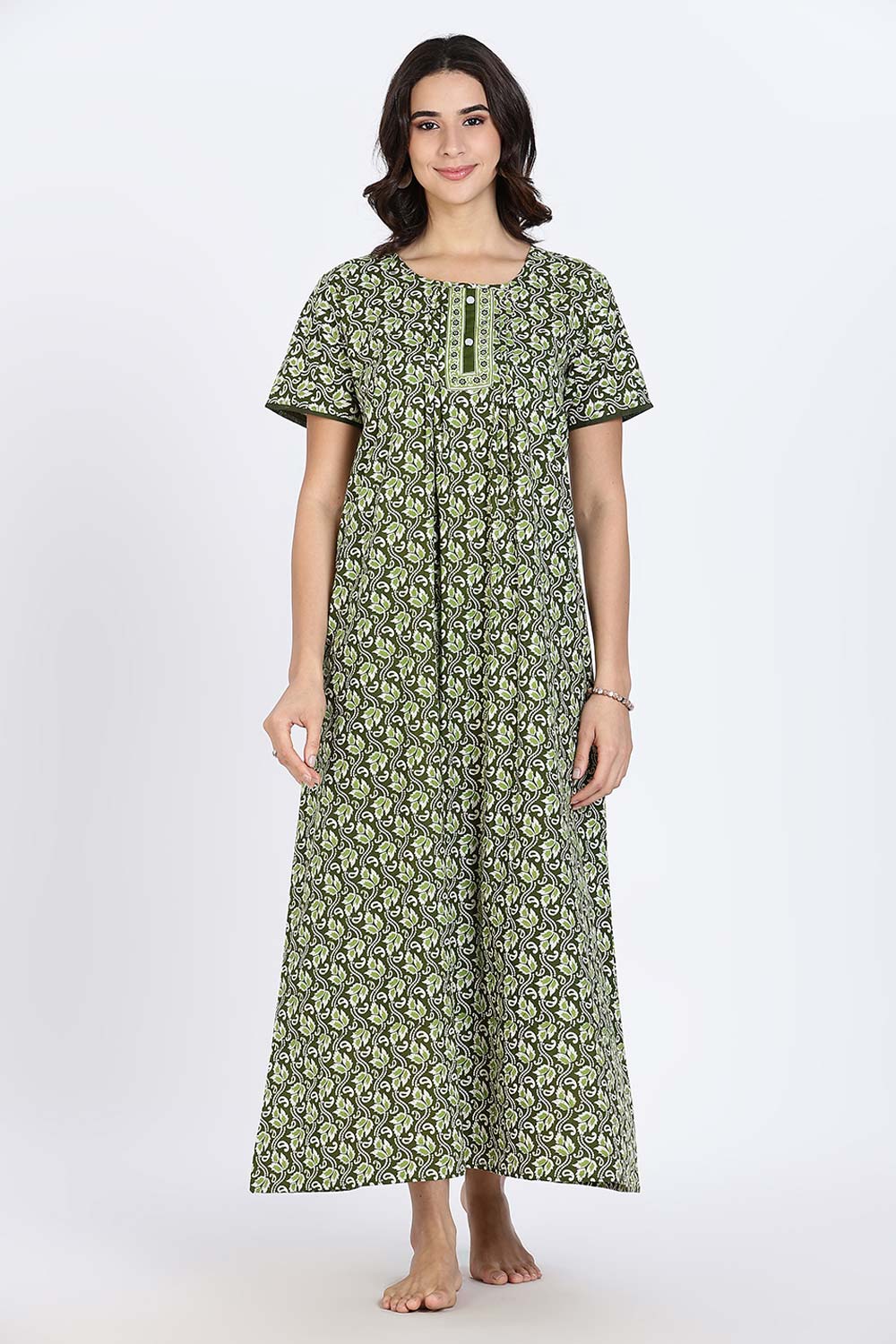 Naidu Hall Women’s Nighty Cotton Printed Full Length Night Dress with Round Neck Button Placket and Pintuck Detailing
 - Green - NA66