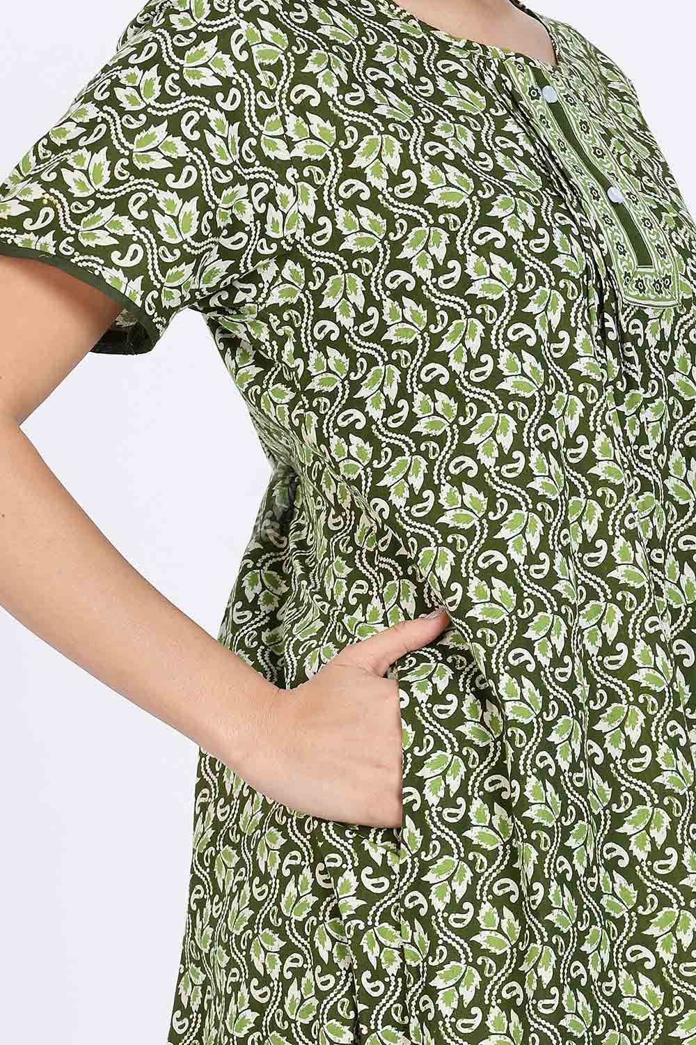 Naidu Hall Women’s Nighty Cotton Printed Full Length Night Dress with Round Neck Button Placket and Pintuck Detailing
 - Green - NA66