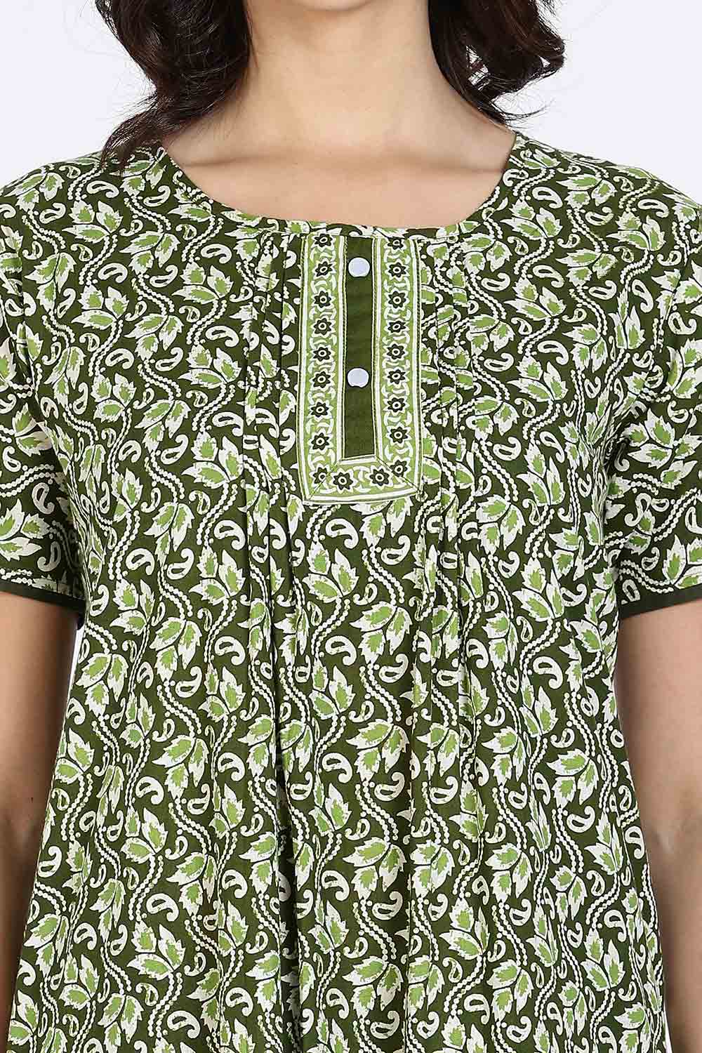 Naidu Hall Women’s Nighty Cotton Printed Full Length Night Dress with Round Neck Button Placket and Pintuck Detailing
 - Green - NA66