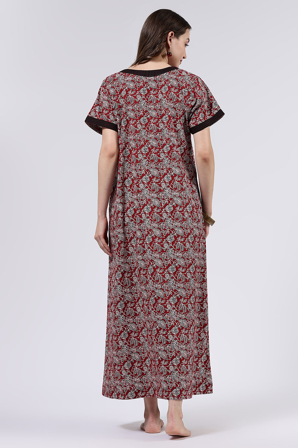 Naidu Hall Women’s Printed Cotton Full Length Nighty with Mandarin Collar and V Neckline
 - Maroon - NA66