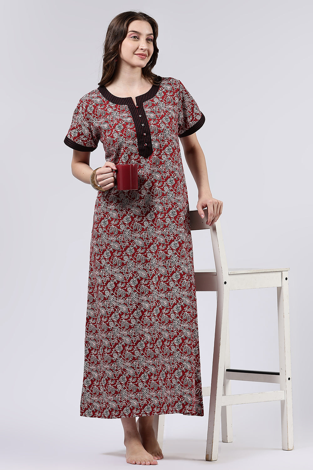 Naidu Hall Women’s Printed Cotton Full Length Nighty with Mandarin Collar and V Neckline
 - Maroon - NA66