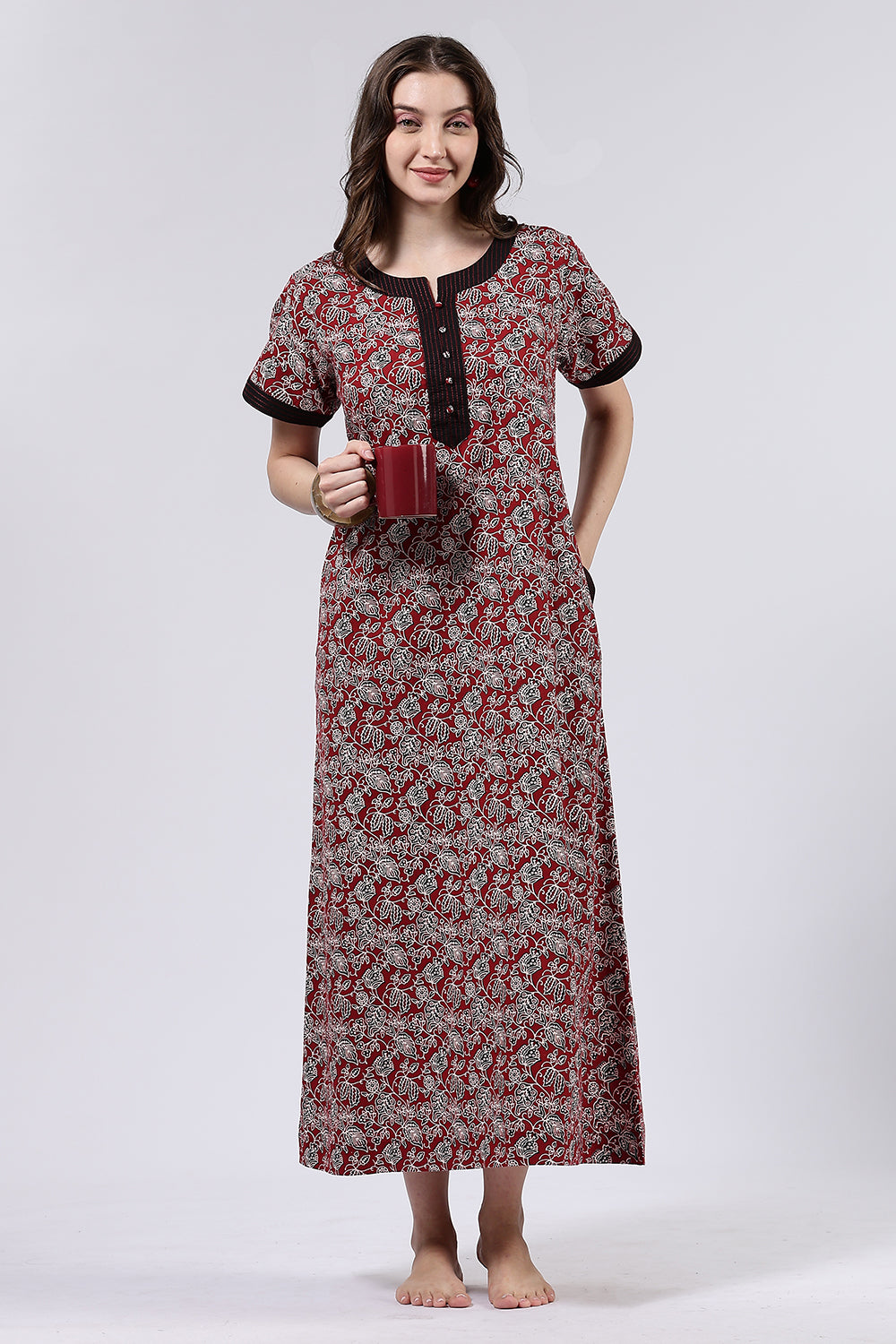 Naidu Hall Women’s Printed Cotton Full Length Nighty with Mandarin Collar and V Neckline
 - Maroon - NA66