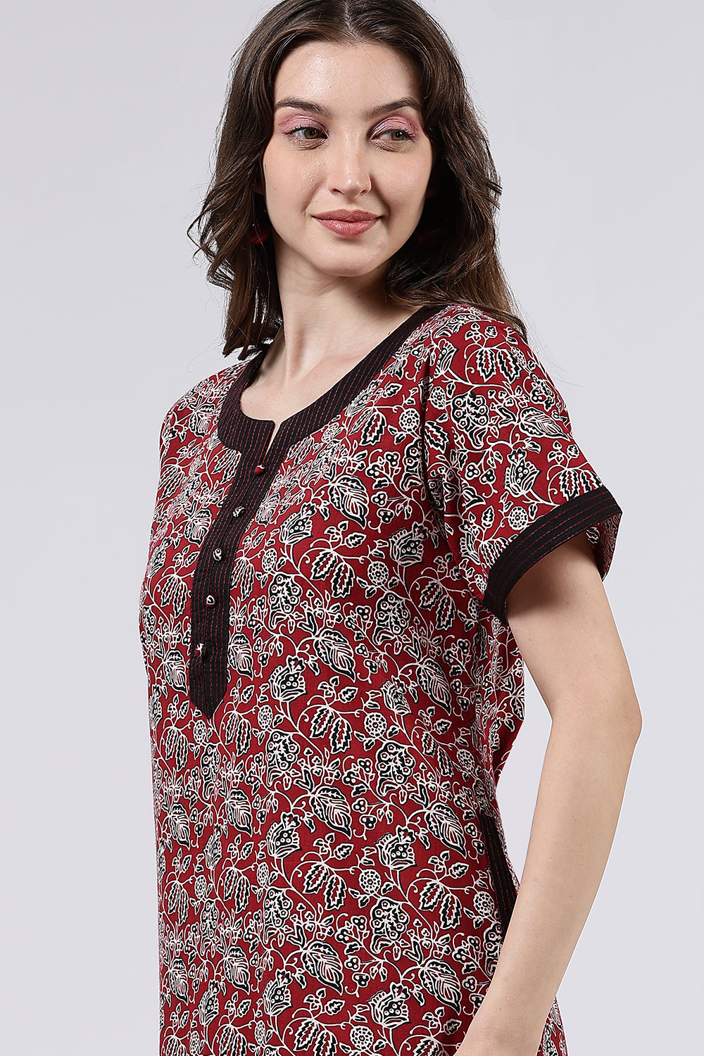 Naidu Hall Women’s Printed Cotton Full Length Nighty with Mandarin Collar and V Neckline
 - Maroon - NA66