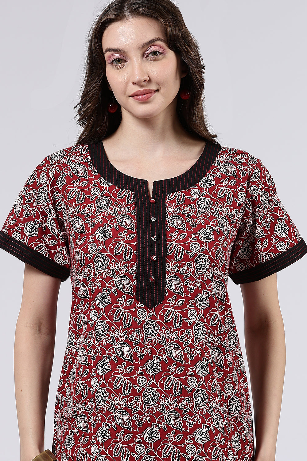 Naidu Hall Women’s Printed Cotton Full Length Nighty with Mandarin Collar and V Neckline
 - Maroon - NA66