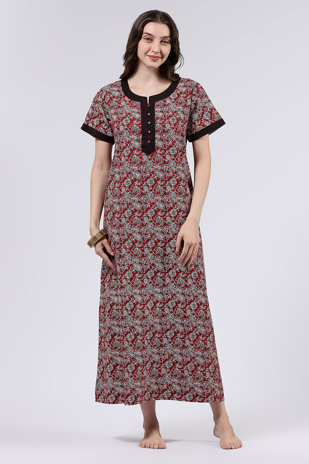 Naidu Hall Women’s Printed Cotton Full Length Nighty with Mandarin Collar and V Neckline
 - Maroon - NA66