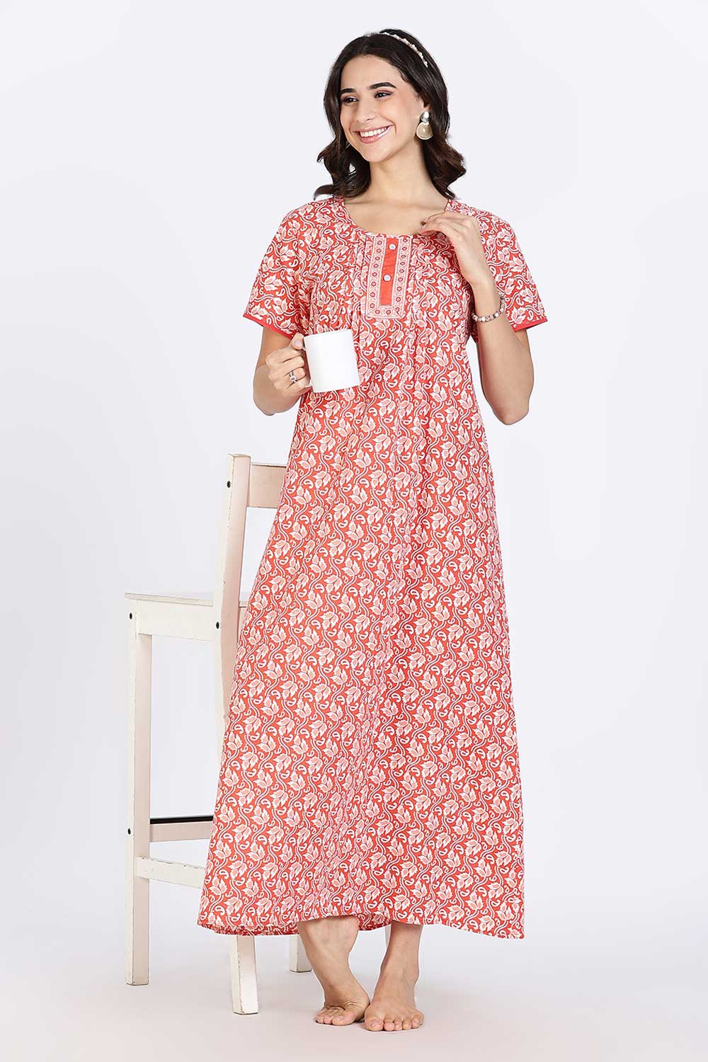 Naidu Hall Women’s Nighty Cotton Printed Full Length Night Dress with Round Neck Button Placket and Pintuck Detailing
 - Pink - NA66