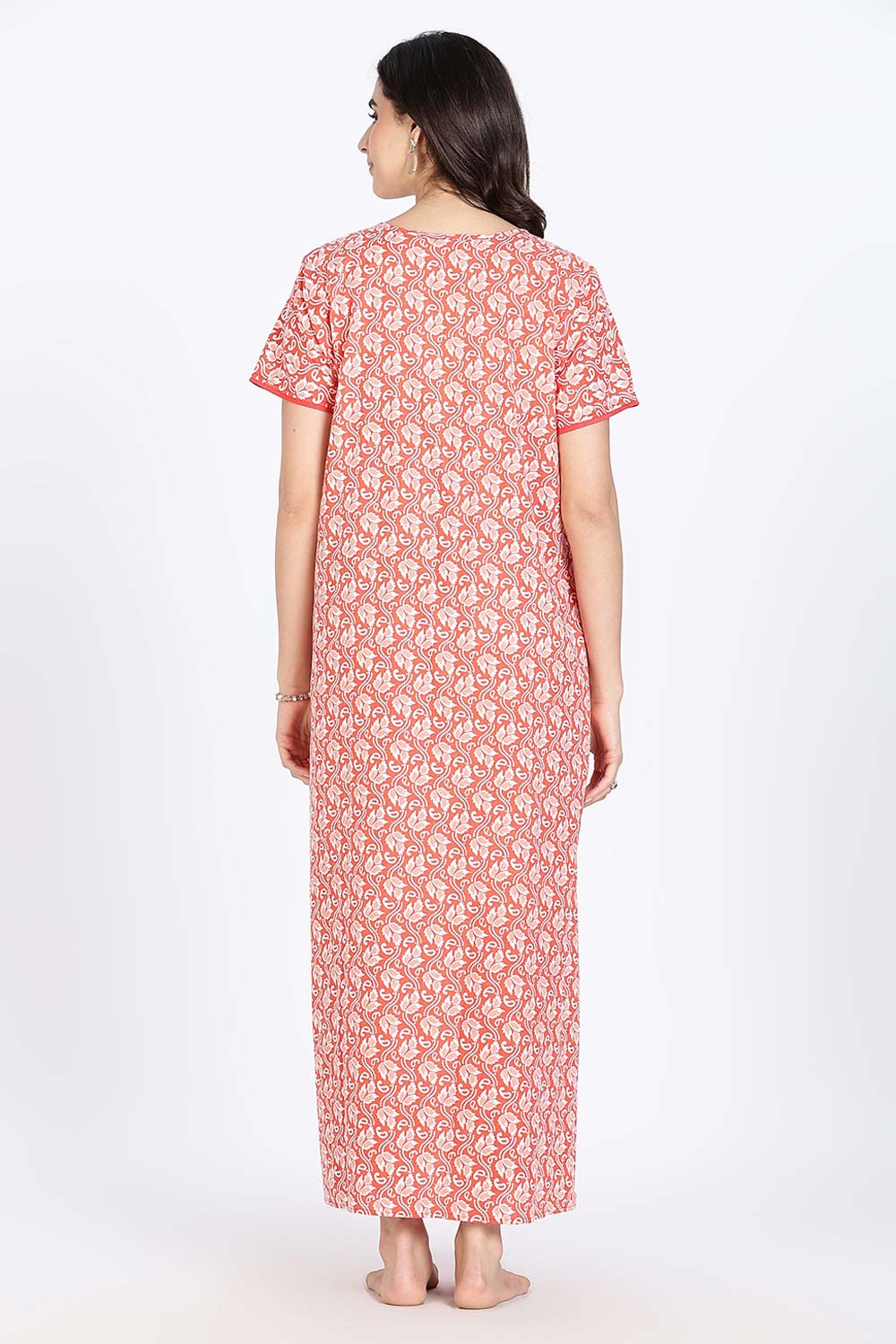 Naidu Hall Women’s Nighty Cotton Printed Full Length Night Dress with Round Neck Button Placket and Pintuck Detailing
 - Pink - NA66