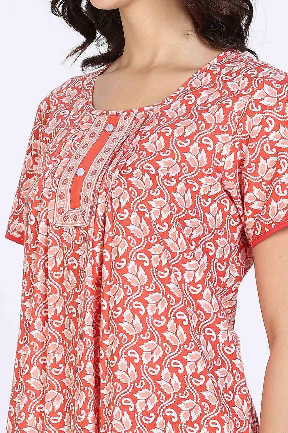 Naidu Hall Women’s Nighty Cotton Printed Full Length Night Dress with Round Neck Button Placket and Pintuck Detailing
 - Pink - NA66