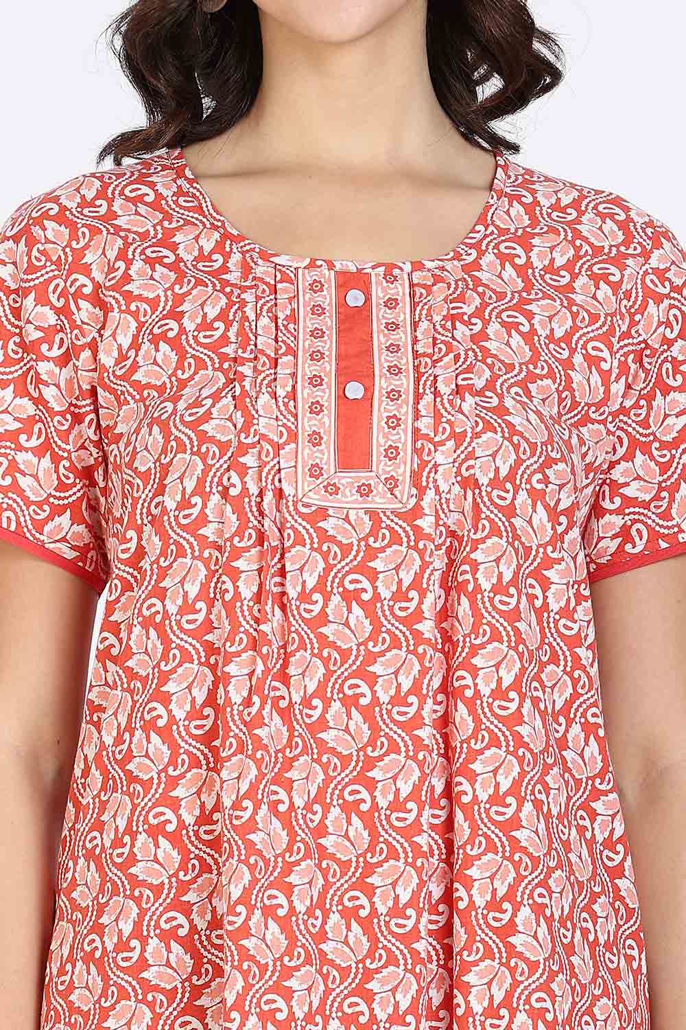 Naidu Hall Women’s Nighty Cotton Printed Full Length Night Dress with Round Neck Button Placket and Pintuck Detailing
 - Pink - NA66
