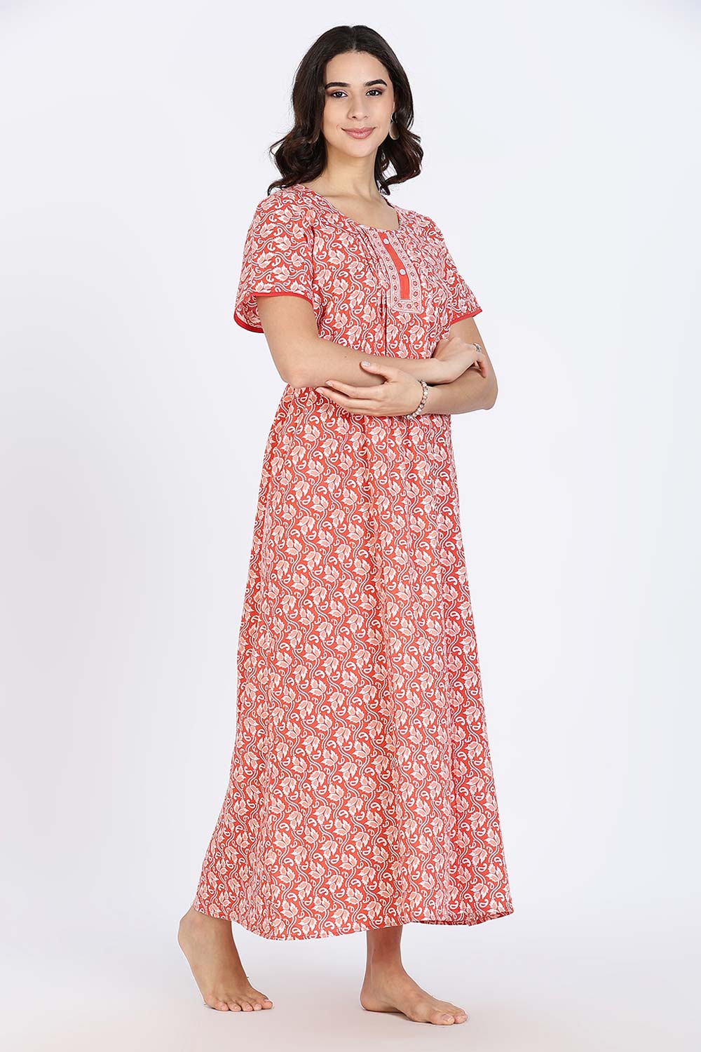 Naidu Hall Women’s Nighty Cotton Printed Full Length Night Dress with Round Neck Button Placket and Pintuck Detailing
 - Pink - NA66