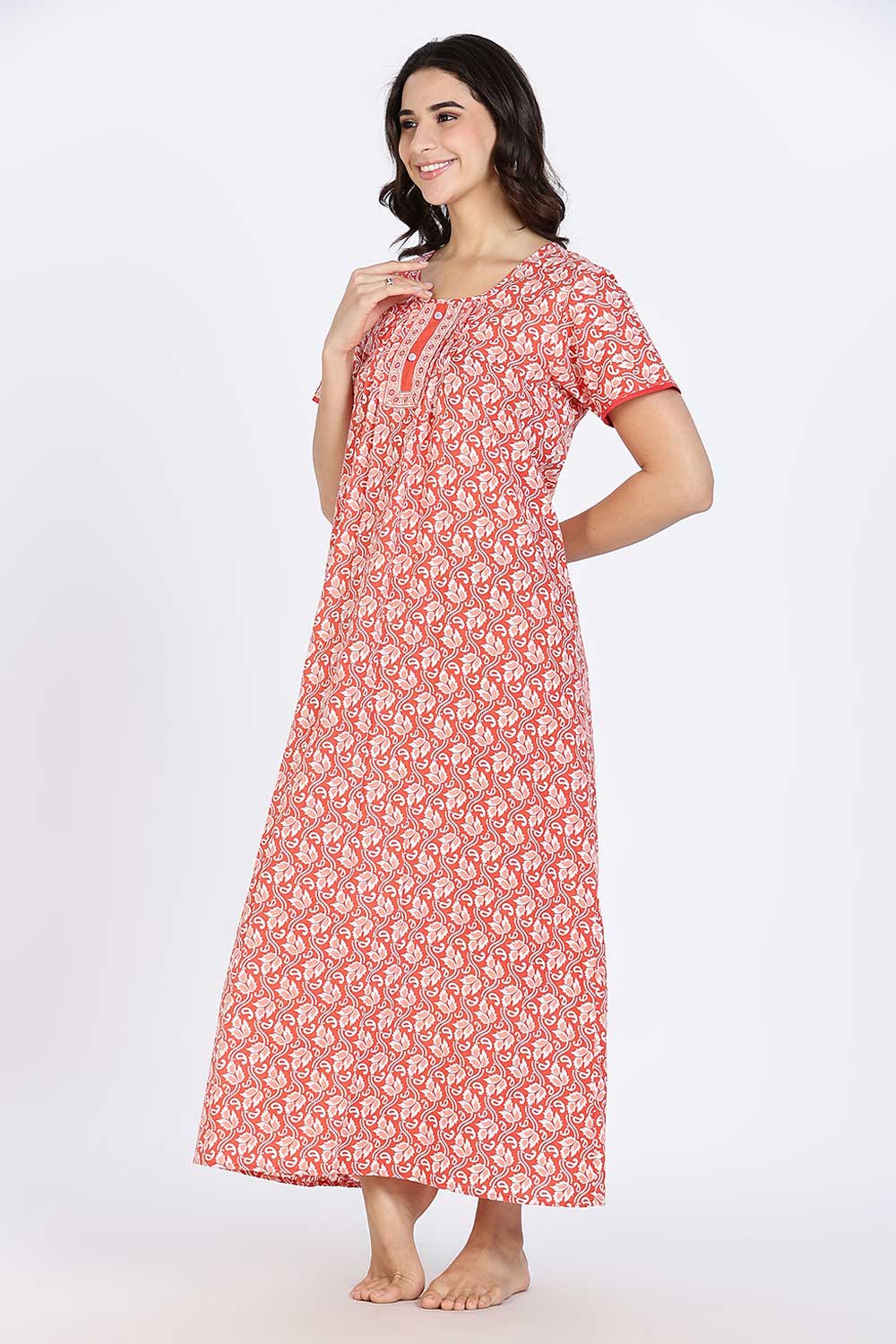 Naidu Hall Women’s Nighty Cotton Printed Full Length Night Dress with Round Neck Button Placket and Pintuck Detailing
 - Pink - NA66