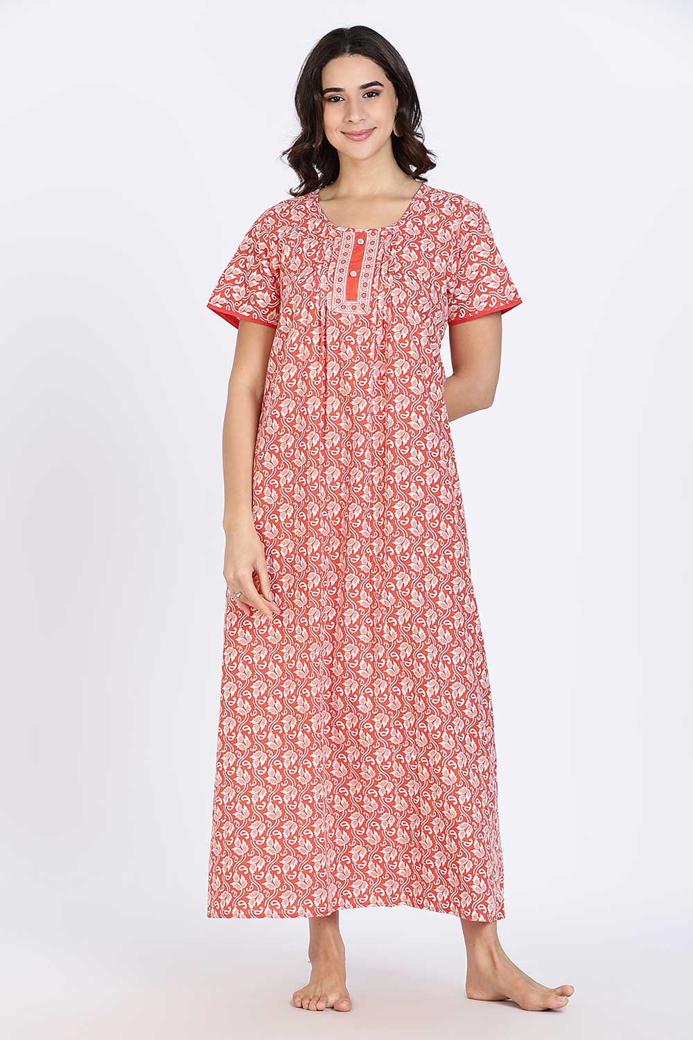 Naidu Hall Women’s Nighty Cotton Printed Full Length Night Dress with Round Neck Button Placket and Pintuck Detailing
 - Pink - NA66