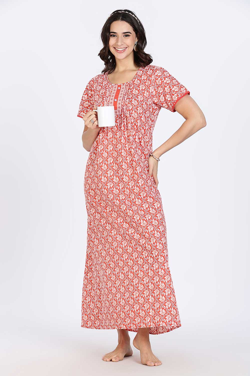 Naidu Hall Women’s Nighty Cotton Printed Full Length Night Dress with Round Neck Button Placket and Pintuck Detailing
 - Pink - NA66