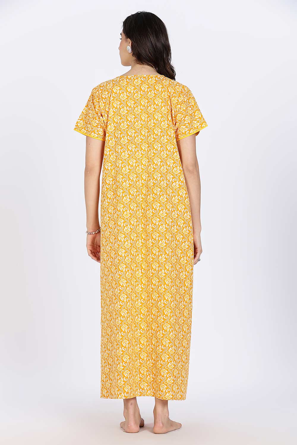 Naidu Hall Women’s Nighty Cotton Printed Full Length Night Dress with Round Neck Button Placket and Pintuck Detailing
 - Yellow - NA66