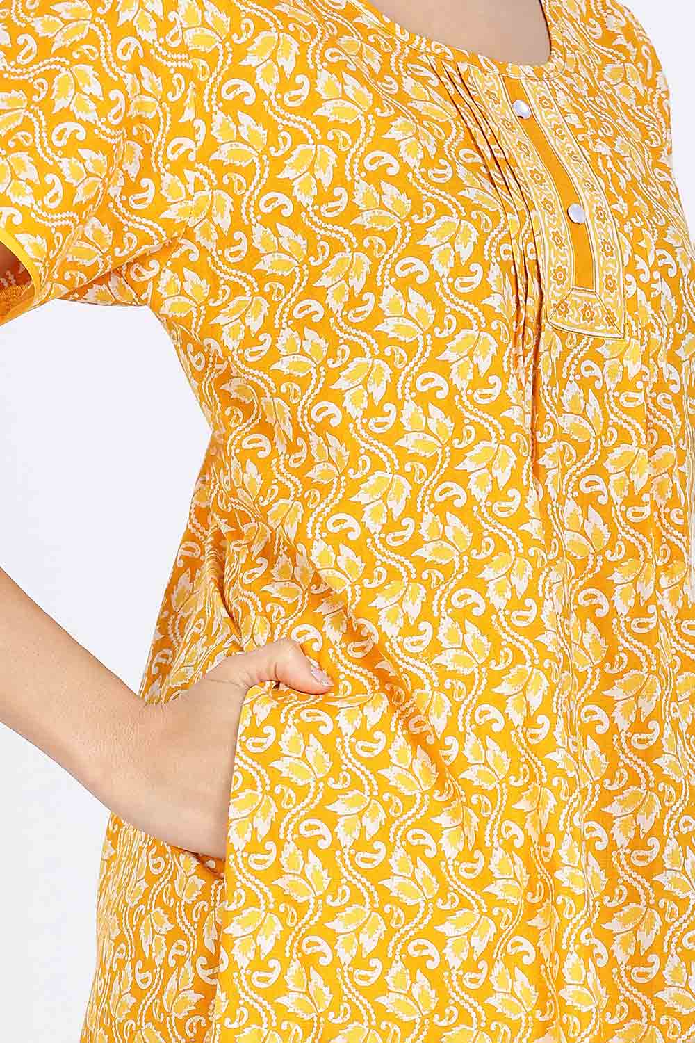 Naidu Hall Women’s Nighty Cotton Printed Full Length Night Dress with Round Neck Button Placket and Pintuck Detailing
 - Yellow - NA66