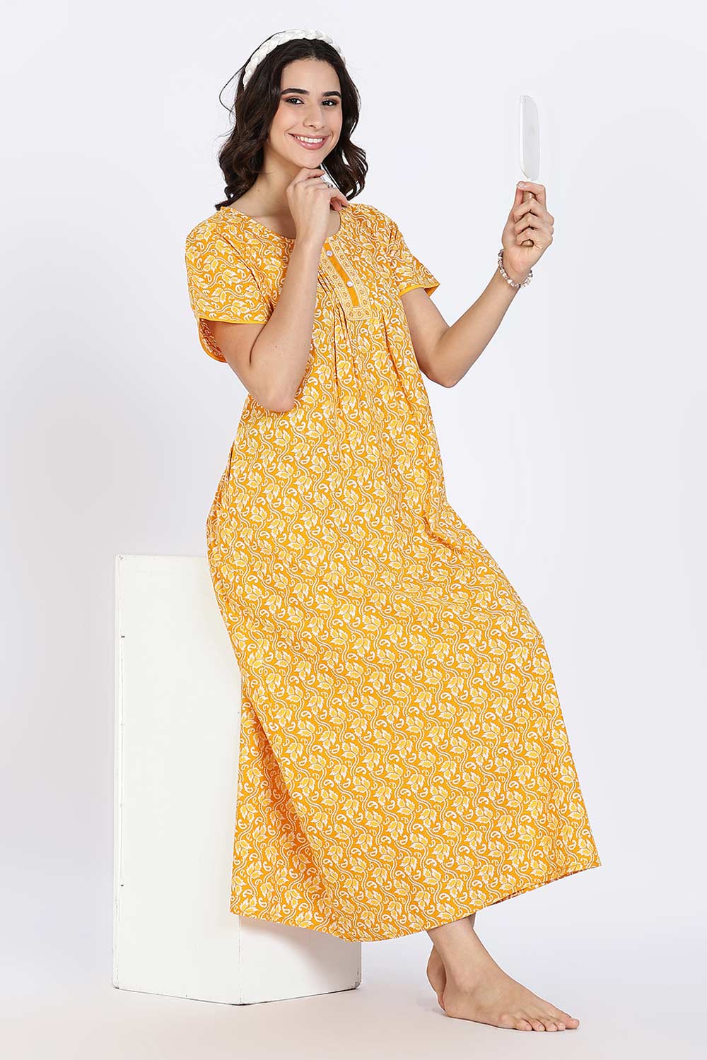 Naidu Hall Women’s Nighty Cotton Printed Full Length Night Dress with Round Neck Button Placket and Pintuck Detailing
 - Yellow - NA66