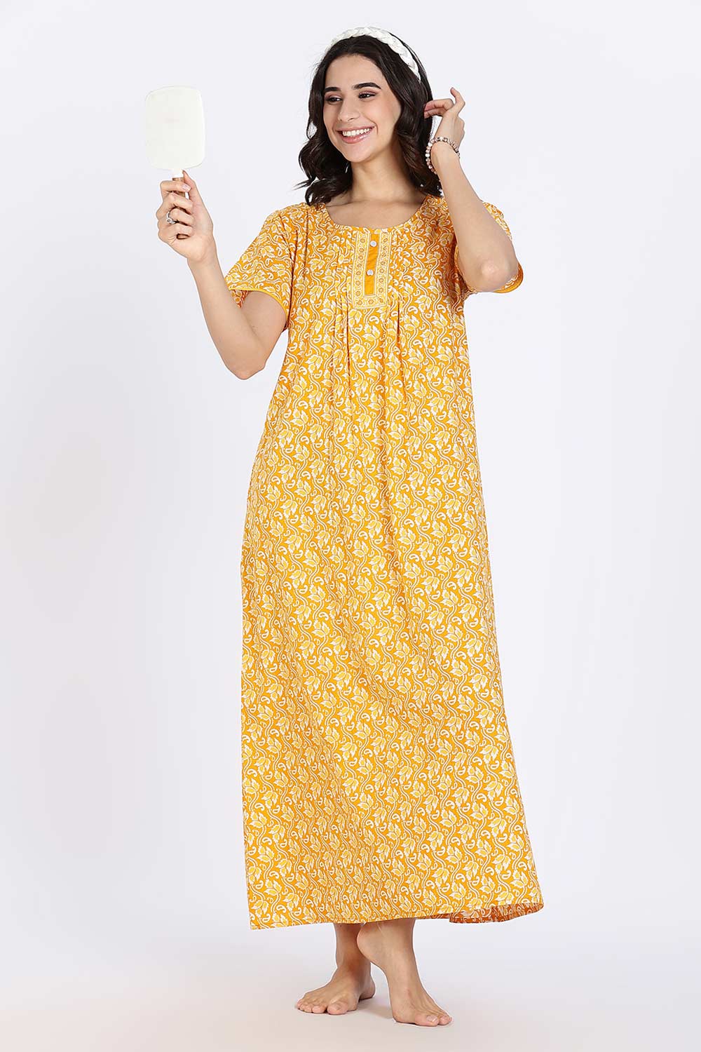 Naidu Hall Women’s Nighty Cotton Printed Full Length Night Dress with Round Neck Button Placket and Pintuck Detailing
 - Yellow - NA66