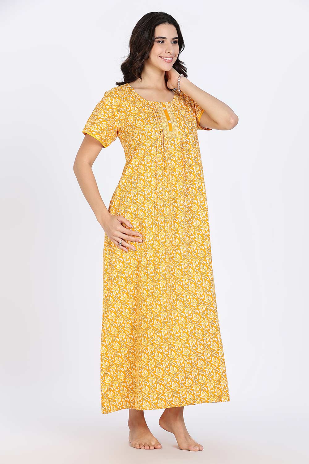 Naidu Hall Women’s Nighty Cotton Printed Full Length Night Dress with Round Neck Button Placket and Pintuck Detailing
 - Yellow - NA66