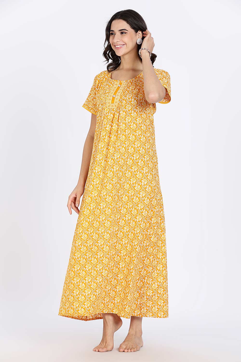 Naidu Hall Women’s Nighty Cotton Printed Full Length Night Dress with Round Neck Button Placket and Pintuck Detailing
 - Yellow - NA66
