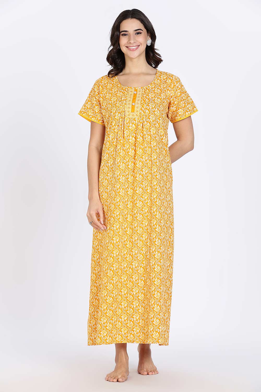 Naidu Hall Women’s Nighty Cotton Printed Full Length Night Dress with Round Neck Button Placket and Pintuck Detailing
 - Yellow - NA66