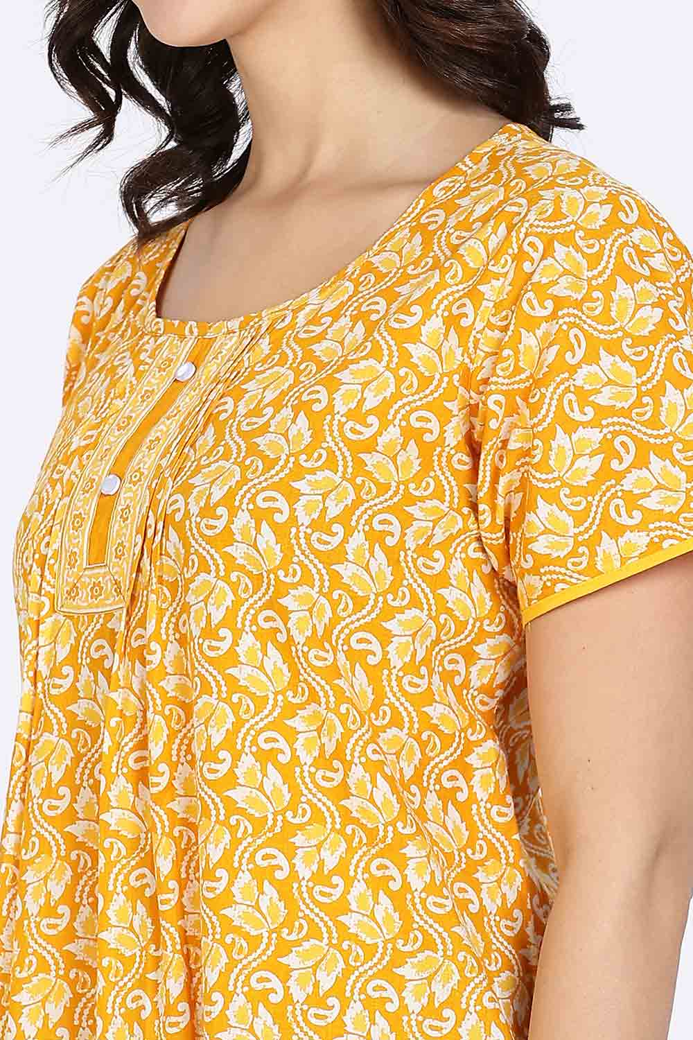 Naidu Hall Women’s Nighty Cotton Printed Full Length Night Dress with Round Neck Button Placket and Pintuck Detailing
 - Yellow - NA66
