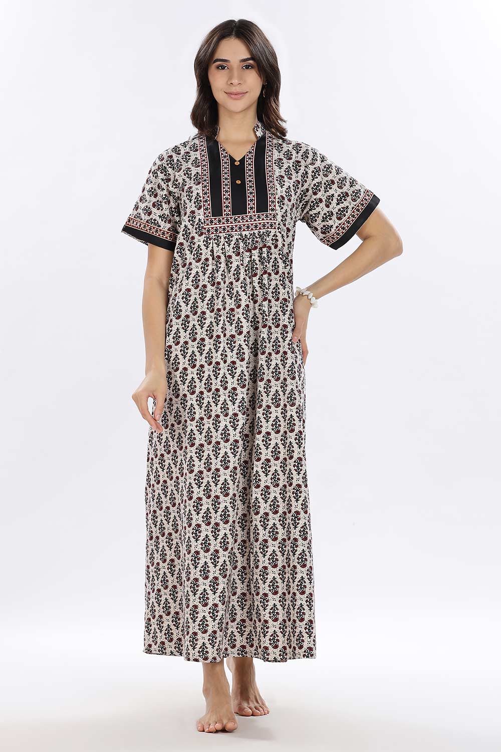Naidu Hall Women’s Printed Cotton Blend Full Length Nighty with Mandarin Collar and V Slit
 - Black - NA67