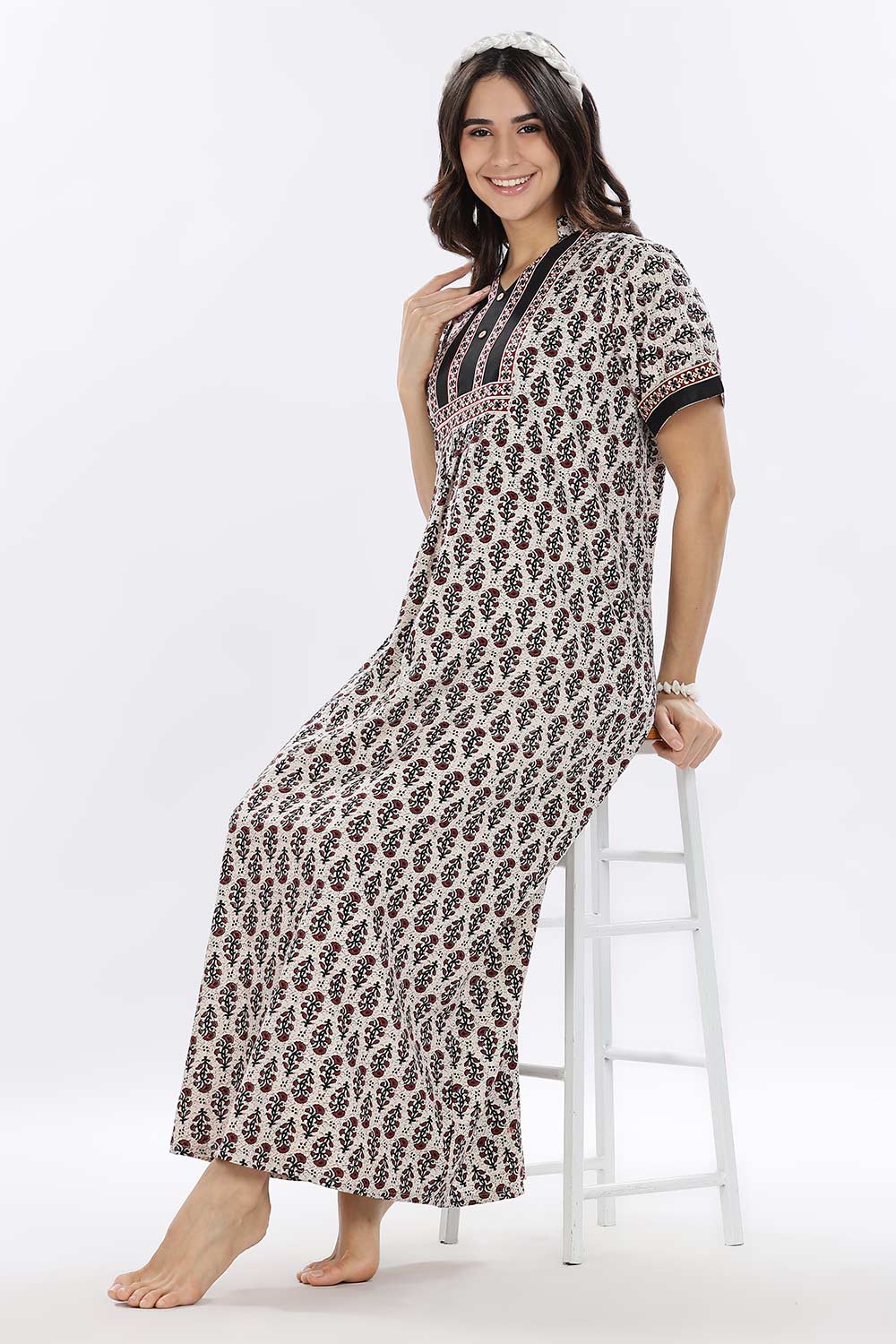 Naidu Hall Women’s Printed Cotton Blend Full Length Nighty with Mandarin Collar and V Slit
 - Black - NA67