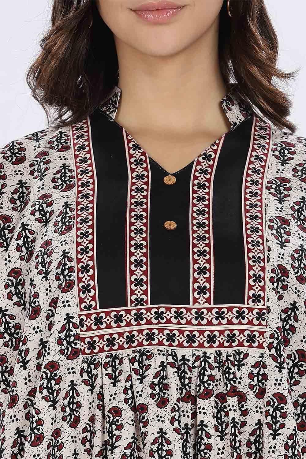 Naidu Hall Women’s Printed Cotton Blend Full Length Nighty with Mandarin Collar and V Slit
 - Black - NA67