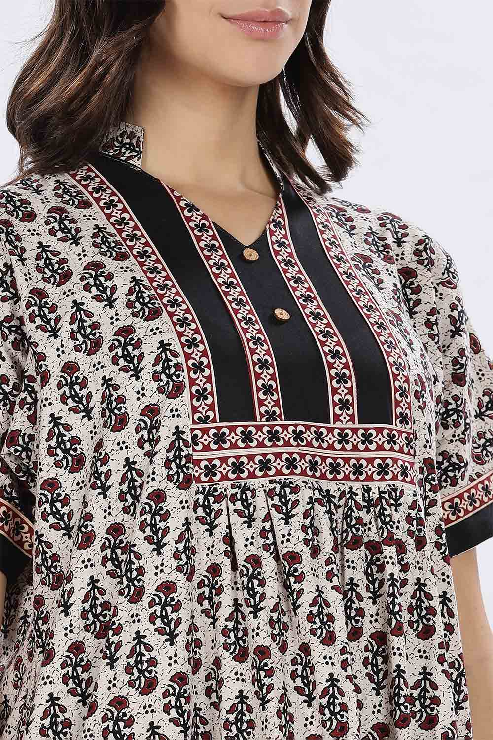 Naidu Hall Women’s Printed Cotton Blend Full Length Nighty with Mandarin Collar and V Slit
 - Black - NA67
