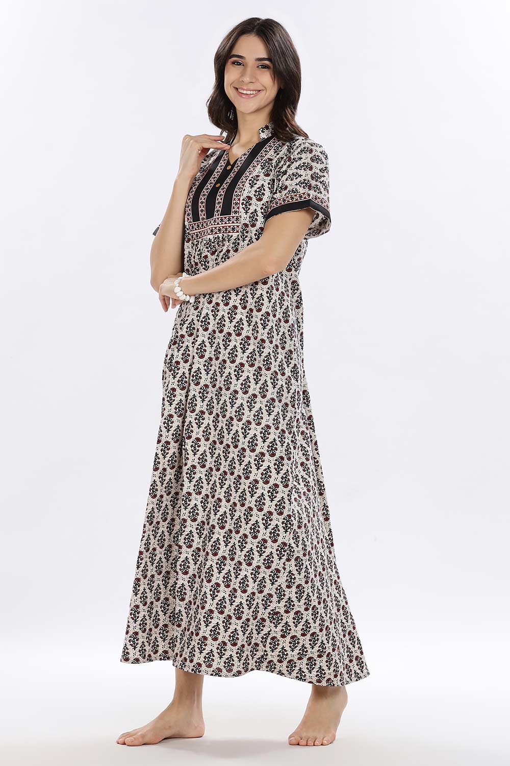 Naidu Hall Women’s Printed Cotton Blend Full Length Nighty with Mandarin Collar and V Slit
 - Black - NA67