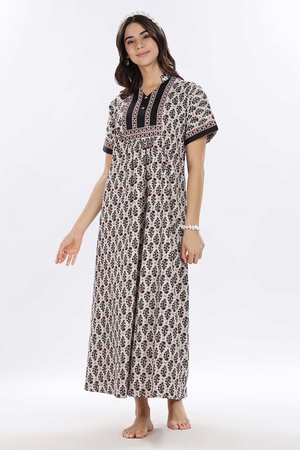 Naidu Hall Women’s Printed Cotton Blend Full Length Nighty with Mandarin Collar and V Slit
 - Black - NA67