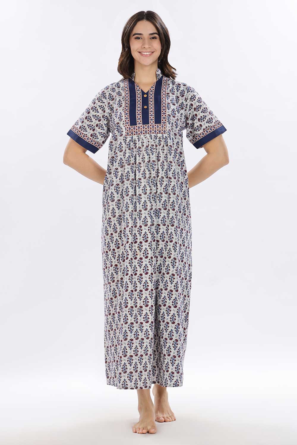 Naidu Hall Women’s Printed Cotton Blend Full Length Nighty with Mandarin Collar and V Slit
 - Blue - NA67
