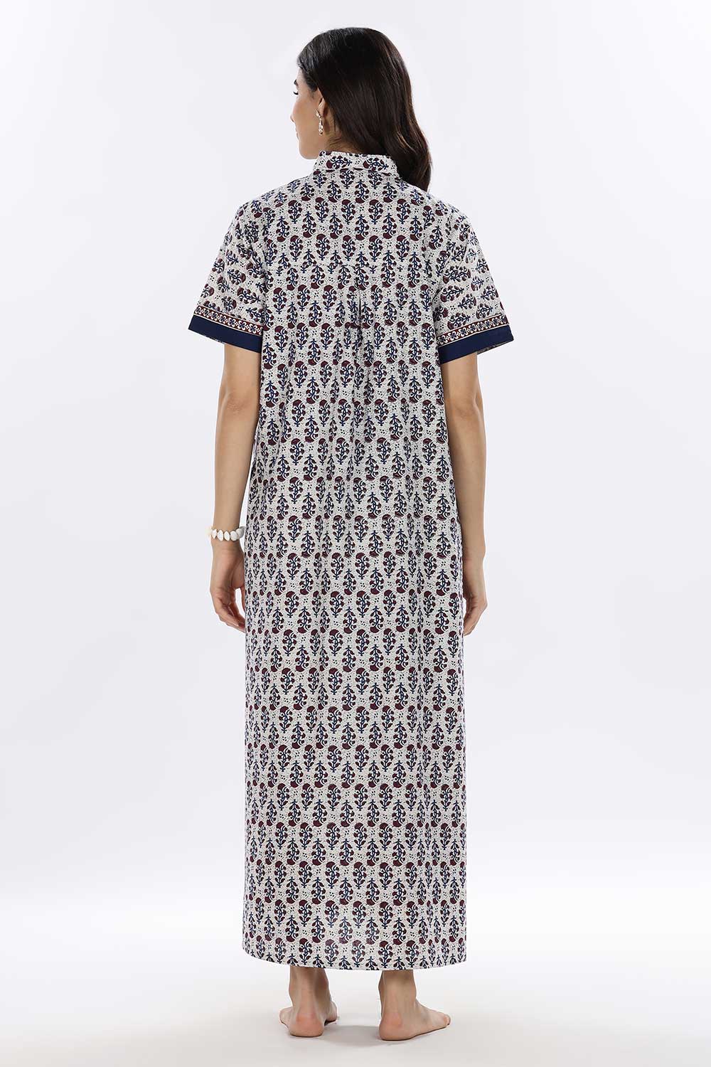 Naidu Hall Women’s Printed Cotton Blend Full Length Nighty with Mandarin Collar and V Slit
 - Blue - NA67