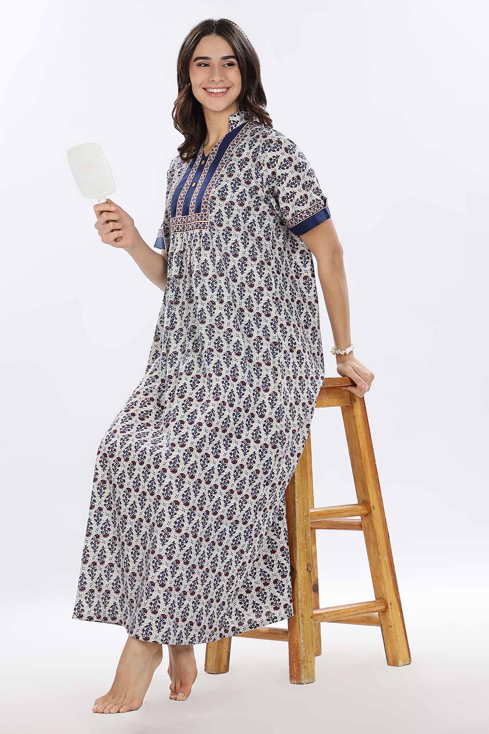 Naidu Hall Women’s Printed Cotton Blend Full Length Nighty with Mandarin Collar and V Slit
 - Blue - NA67