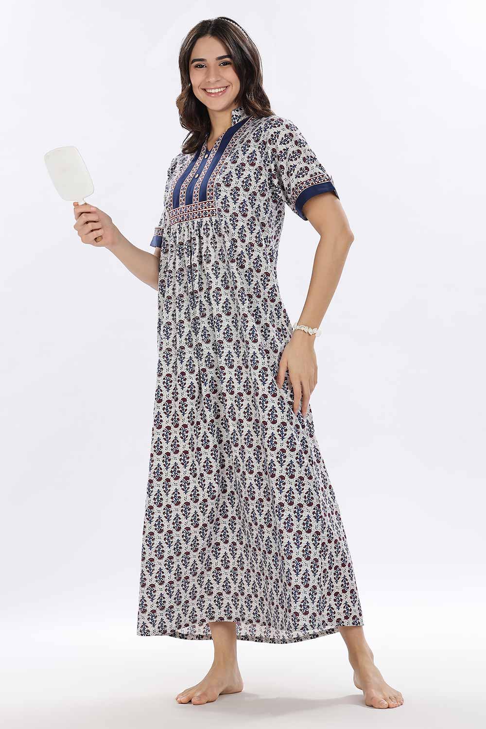 Naidu Hall Women’s Printed Cotton Blend Full Length Nighty with Mandarin Collar and V Slit
 - Blue - NA67