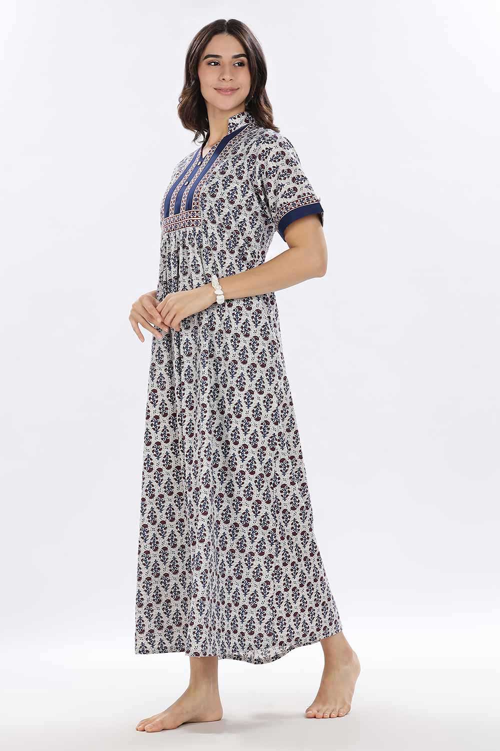 Naidu Hall Women’s Printed Cotton Blend Full Length Nighty with Mandarin Collar and V Slit
 - Blue - NA67