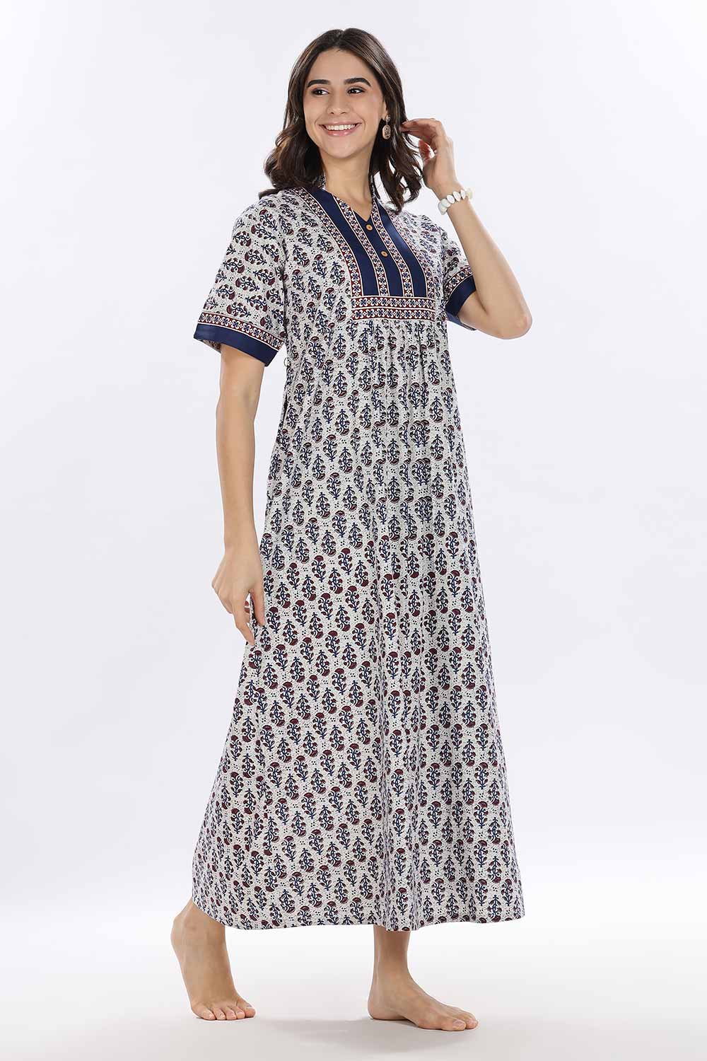Naidu Hall Women’s Printed Cotton Blend Full Length Nighty with Mandarin Collar and V Slit
 - Blue - NA67