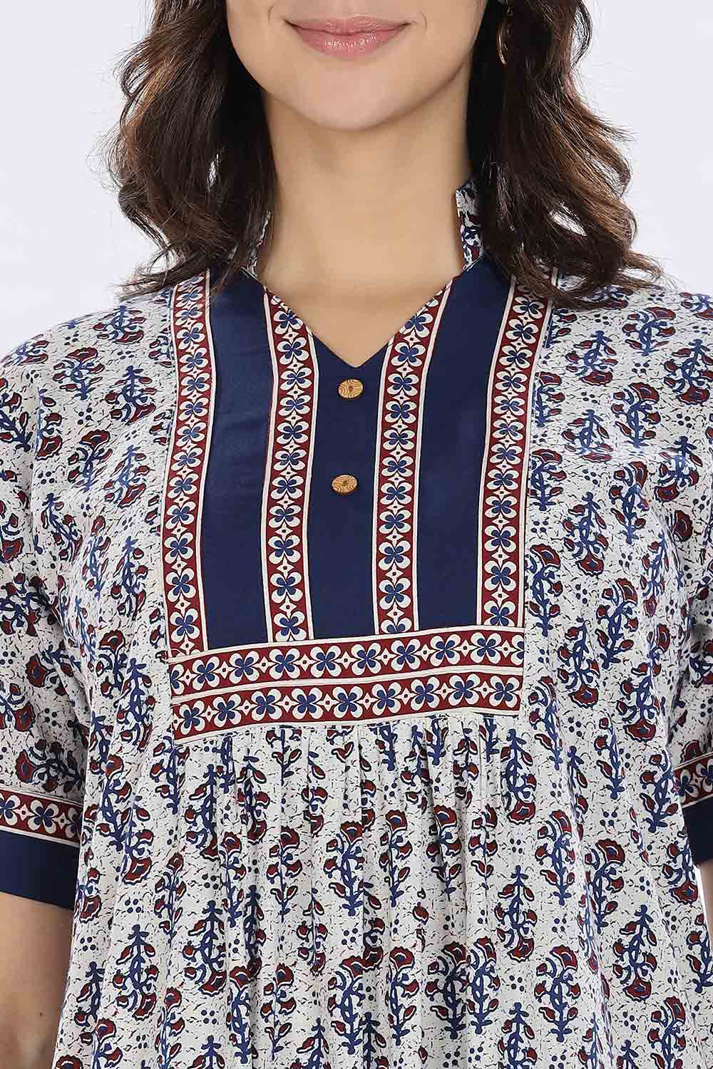 Naidu Hall Women’s Printed Cotton Blend Full Length Nighty with Mandarin Collar and V Slit
 - Blue - NA67