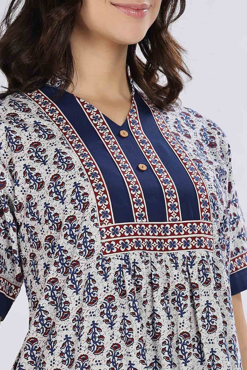 Naidu Hall Women’s Printed Cotton Blend Full Length Nighty with Mandarin Collar and V Slit
 - Blue - NA67