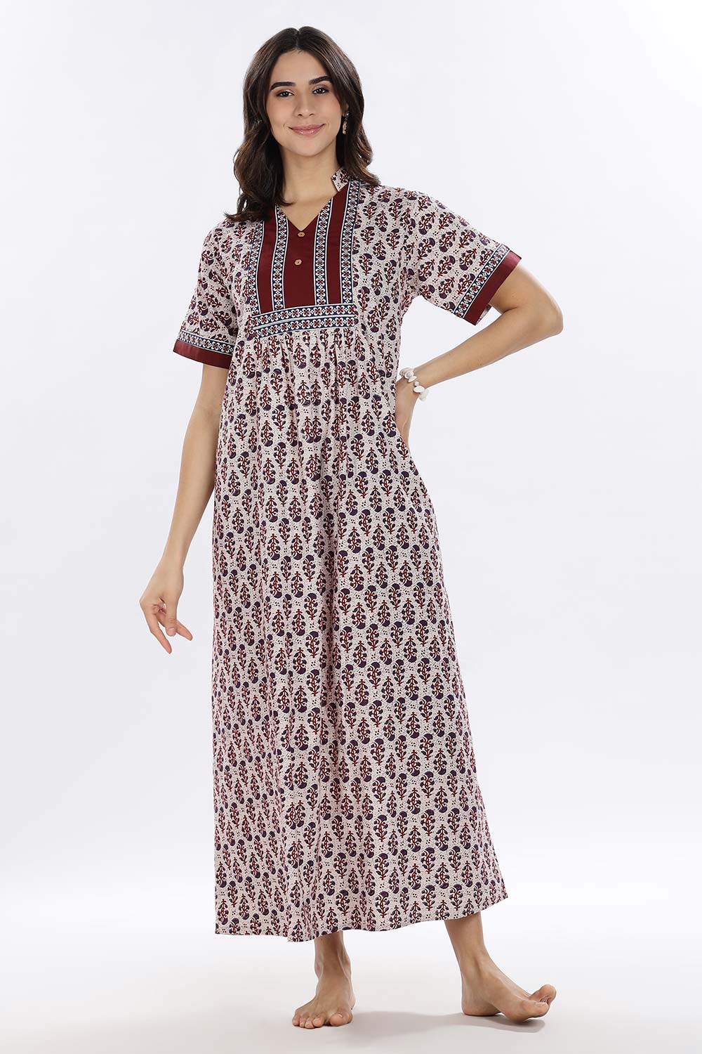 Naidu Hall Women’s Printed Cotton Blend Full Length Nighty with Mandarin Collar and V Slit
 - Maroon - NA67