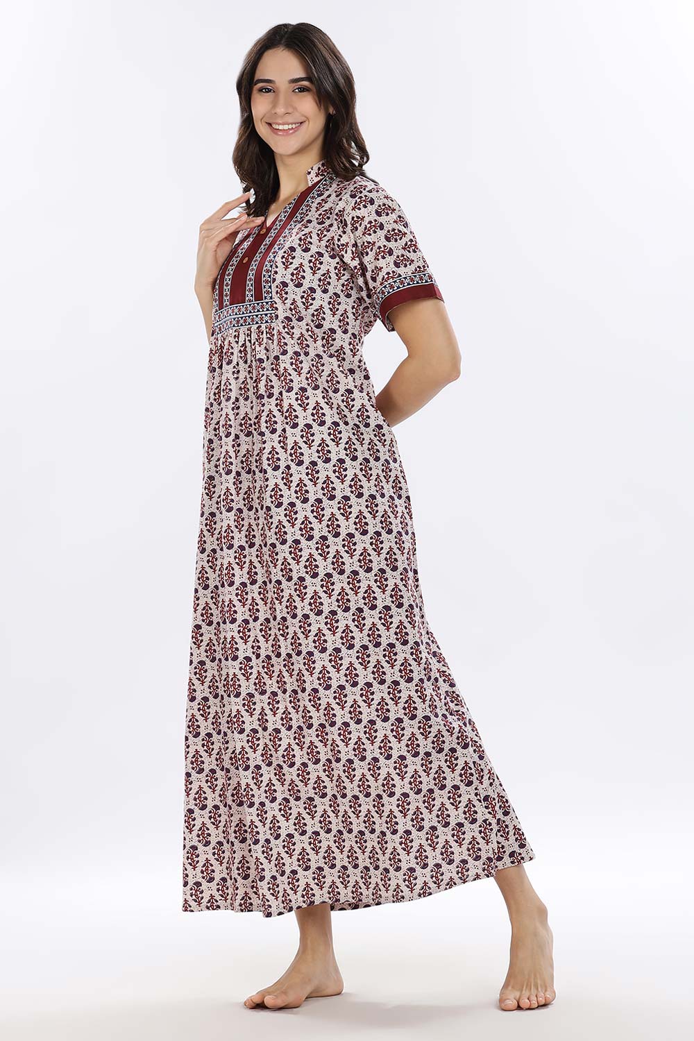 Naidu Hall Women’s Printed Cotton Blend Full Length Nighty with Mandarin Collar and V Slit
 - Maroon - NA67