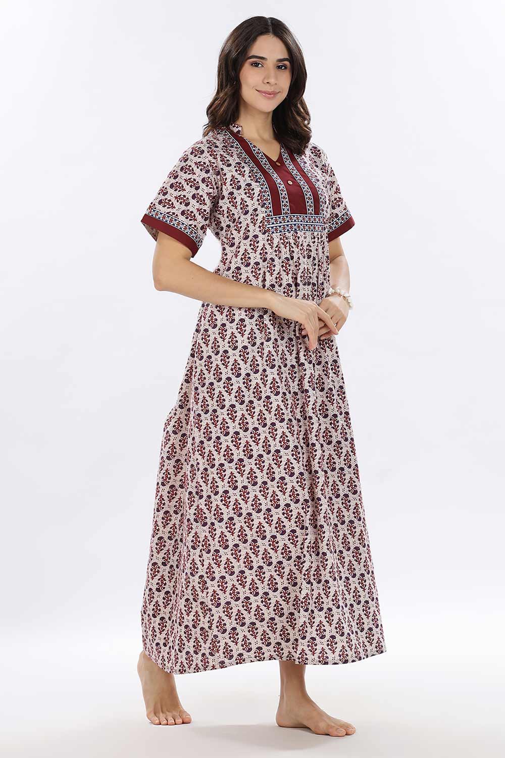 Naidu Hall Women’s Printed Cotton Blend Full Length Nighty with Mandarin Collar and V Slit
 - Maroon - NA67