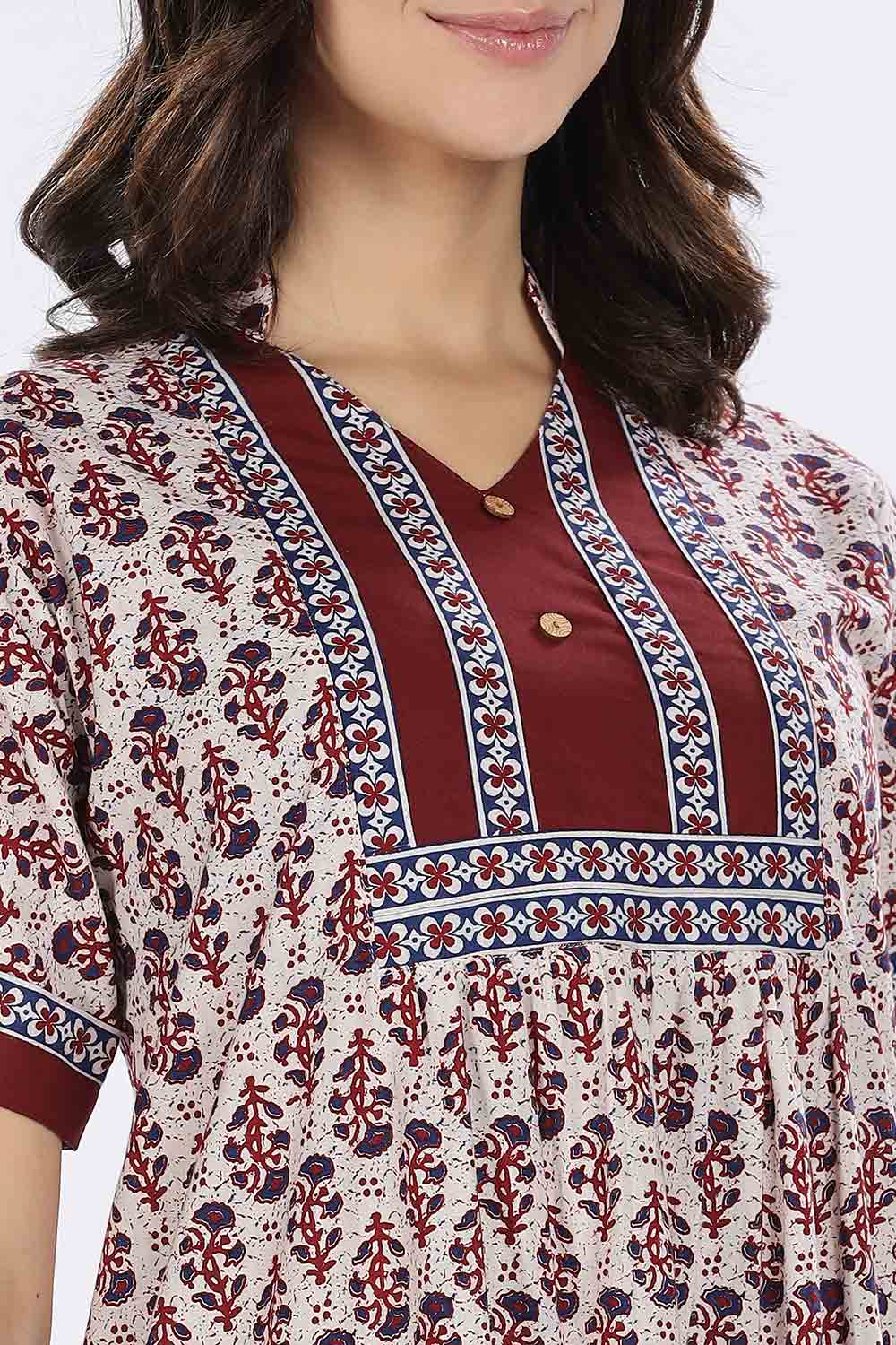 Naidu Hall Women’s Printed Cotton Blend Full Length Nighty with Mandarin Collar and V Slit
 - Maroon - NA67
