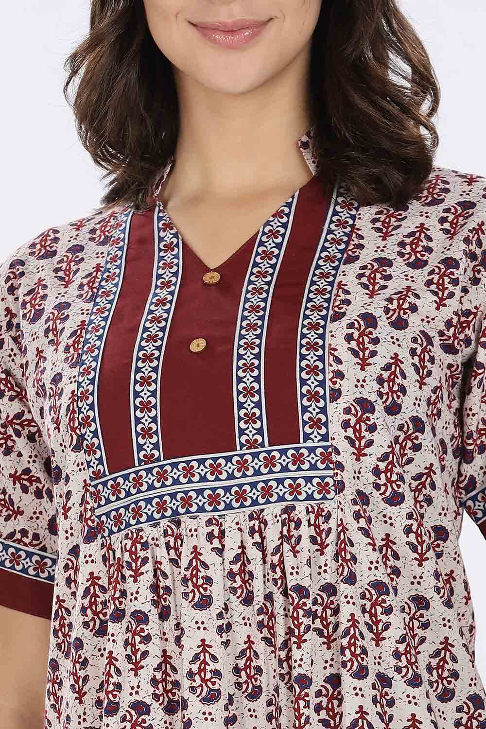 Naidu Hall Women’s Printed Cotton Blend Full Length Nighty with Mandarin Collar and V Slit
 - Maroon - NA67