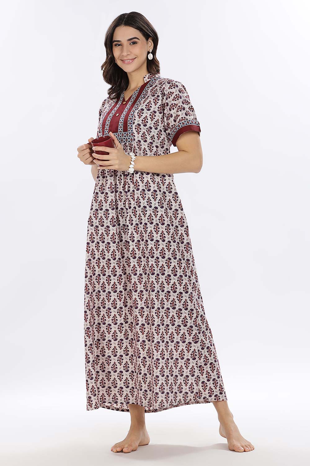 Naidu Hall Women’s Printed Cotton Blend Full Length Nighty with Mandarin Collar and V Slit
 - Maroon - NA67