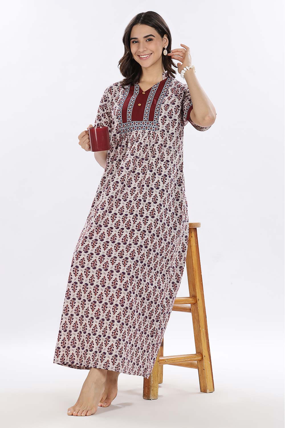 Naidu Hall Women’s Printed Cotton Blend Full Length Nighty with Mandarin Collar and V Slit
 - Maroon - NA67